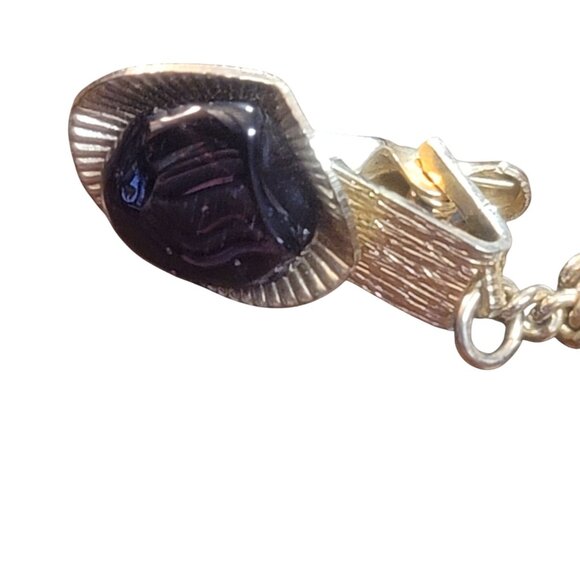 Vintage Gold Tone Sweater Guard Clip Black Stone Chain Retro Mid-Century Jewelry - Picture 2 of 10